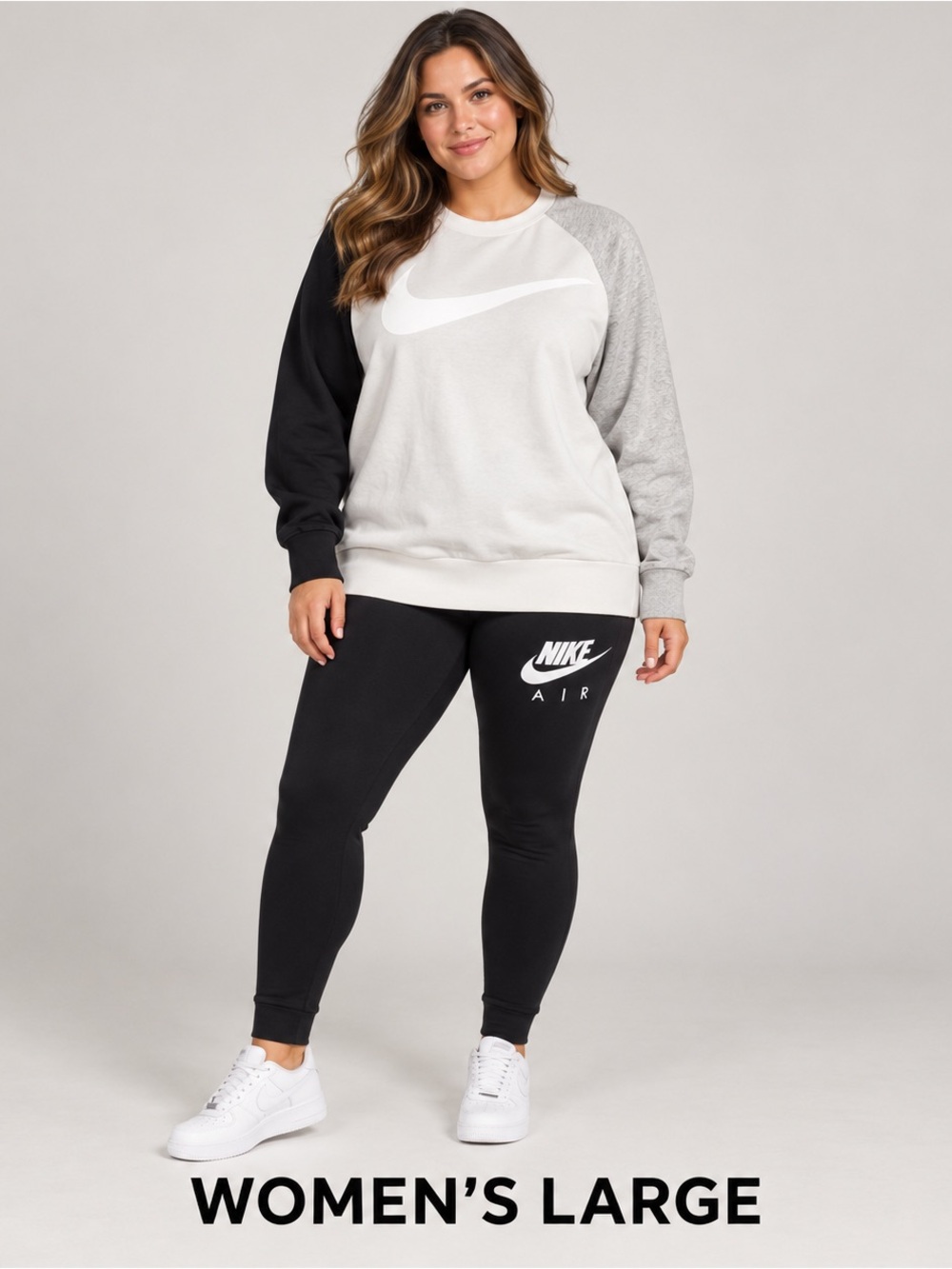 Nike Air Black women's large Leggings with White black gray crewneck outfit